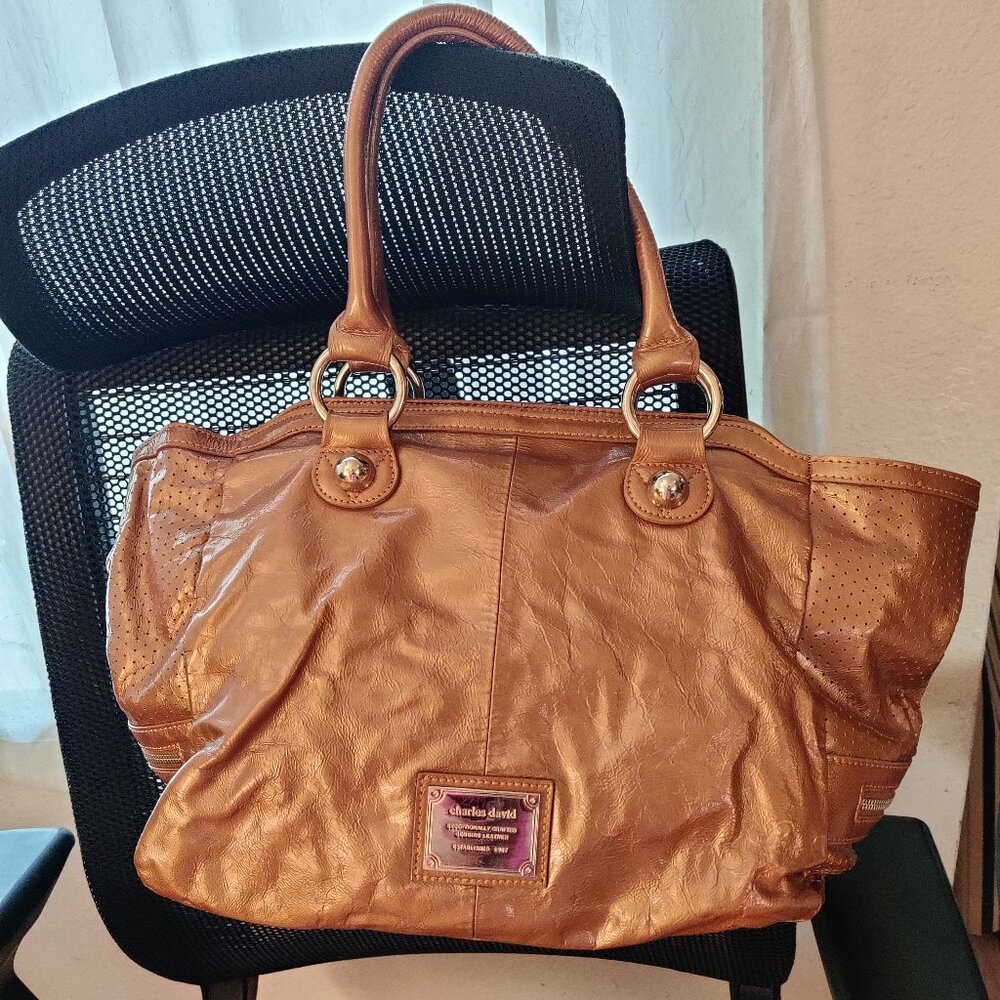 Charles David Crinkle LEATHER Shoulder Bag/Satchel in Golden Bronze